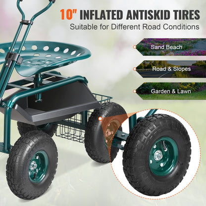 TC4501S-GN - Adjustable Garden Cart with 360-Degree Swivel Seat and Sturdy Wheels