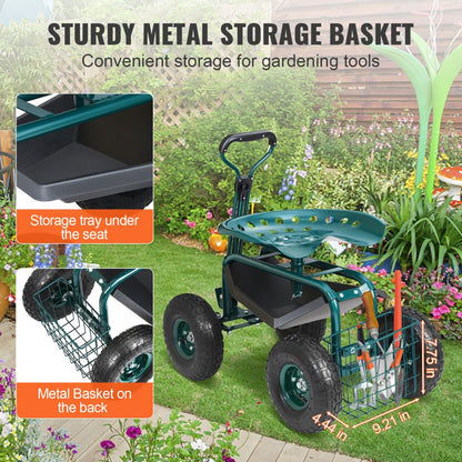 TC4501S-GN - Adjustable Garden Cart with 360-Degree Swivel Seat and Sturdy Wheels