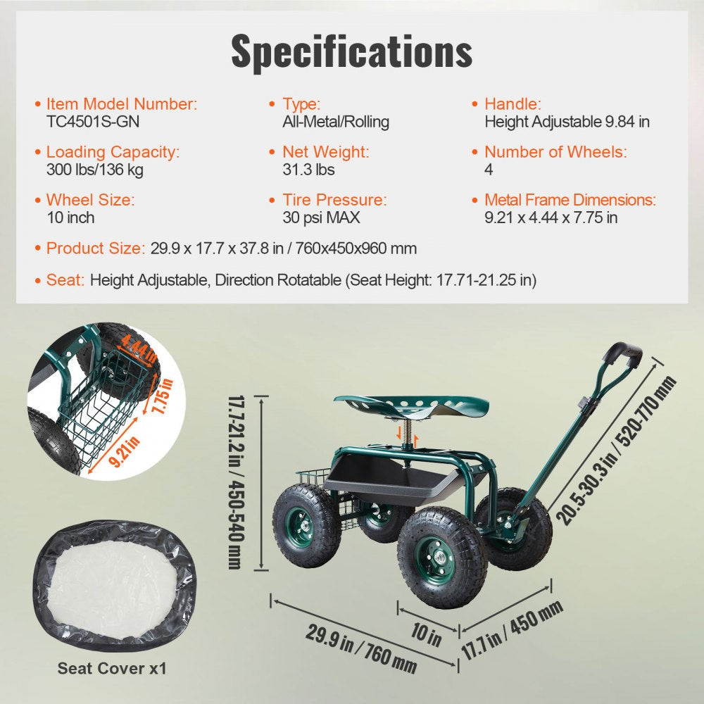 TC4501S-GN - Adjustable Garden Cart with 360-Degree Swivel Seat and Sturdy Wheels