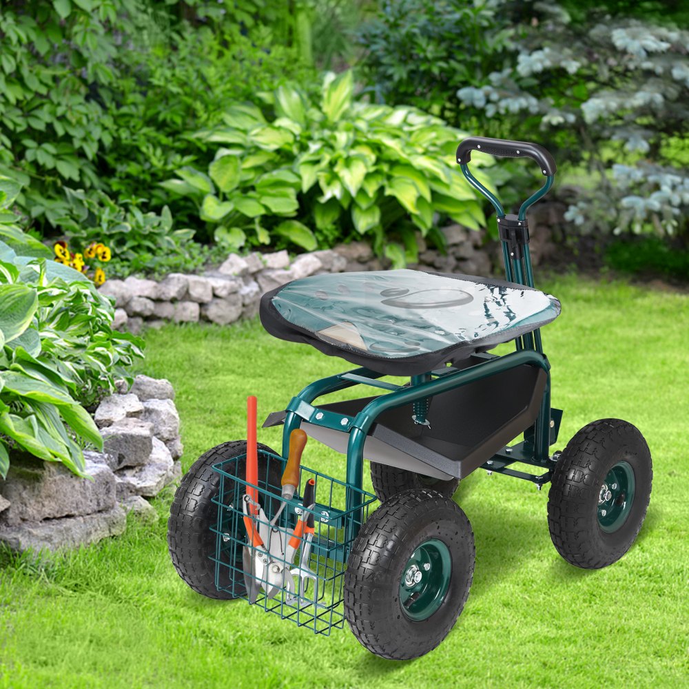 TC4501S-GN - Adjustable Garden Cart with 360-Degree Swivel Seat and Sturdy Wheels