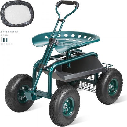 TC4501S-GN - Adjustable Garden Cart with 360-Degree Swivel Seat and Sturdy Wheels