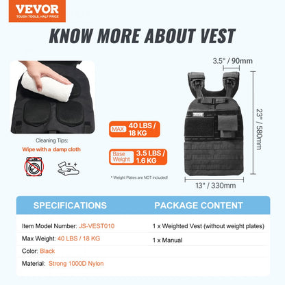 JS-VEST010 - Adjustable 3.5-40 lbs Weighted Vest for Customized Workouts