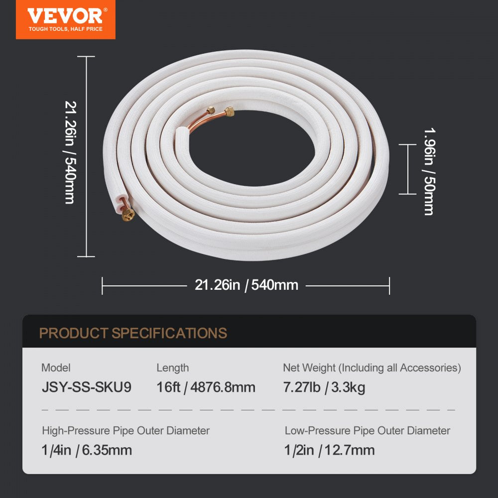 JSY-SS-SKU9 - 16ft VEVOR Mini Split Line Set with Triple-Layer Insulation
