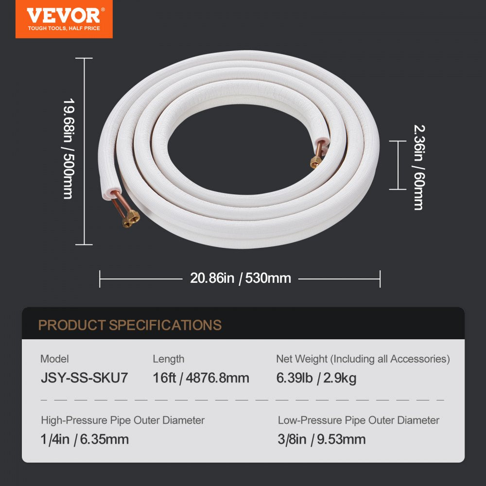 JSY-SS-SKU7 - 16ft Copper Mini Split Line Set for HVAC Systems