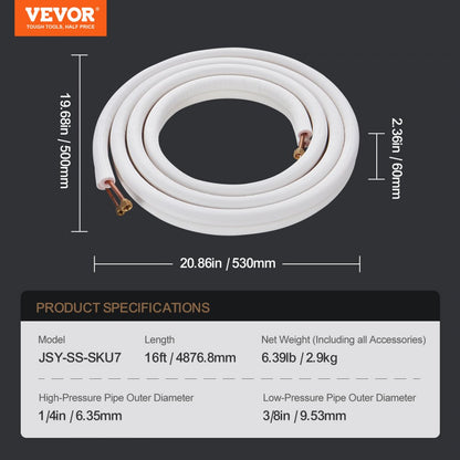 JSY-SS-SKU7 - 16ft Copper Mini Split Line Set for HVAC Systems