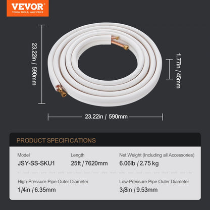 JSY-SS-SKU1 - 25FT Copper Mini Split Line Set for HVAC Applications
