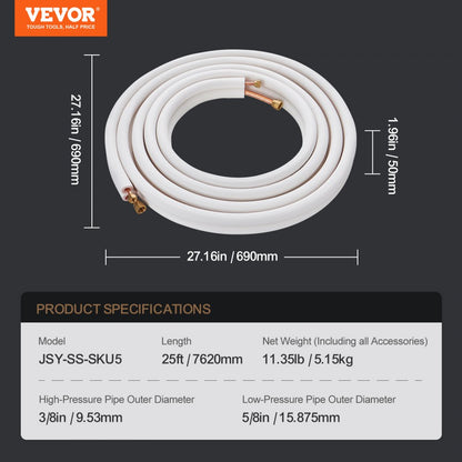 JSY-SS-SKU5 - 25FT Copper Mini Split Line Set for HVAC Systems