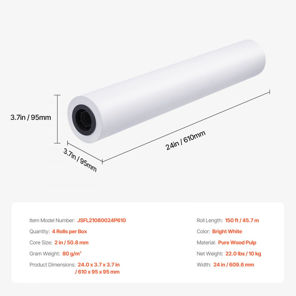 JSFL21080024P610 - 24" x 150' Wide-Format Paper Rolls, 80 g/m², 94% Opacity