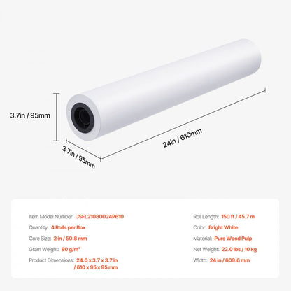 JSFL21080024P610 - 24" x 150' Wide-Format Paper Rolls, 80 g/m², 94% Opacity