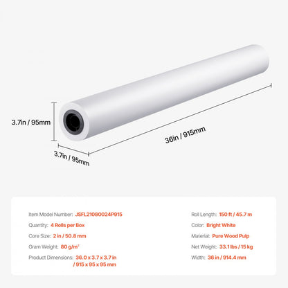 JSFL21080024P915 - Premium 36" x 150' Wide Format Paper Rolls, 4-Pack