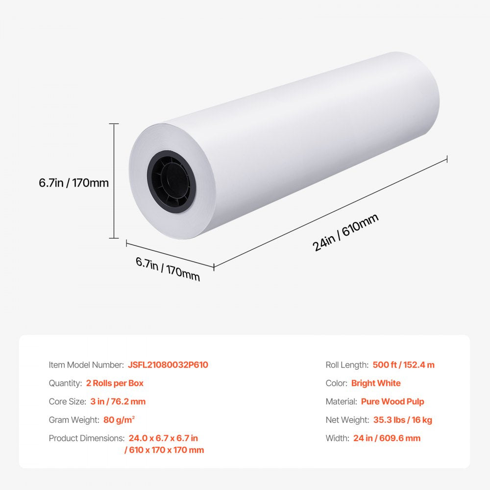 JSFL21080032P610 - 24" x 500' Plotter Paper Rolls, High Opacity & Durability