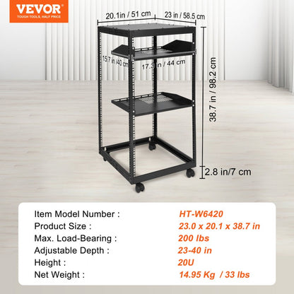 HT-W6420 - Durable 20U Open Frame Server Rack, 23'' x 20.1'' x 38.7''