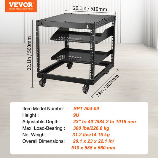 SPT-504-09 - 9U Adjustable Server Rack, 23"-40", Mobile with Accessory Kit