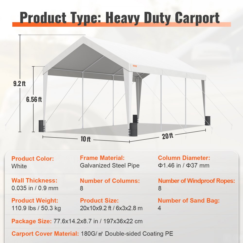 010595014191 - 10x20 ft VEVOR Heavy-Duty Carport with Reinforced Poles