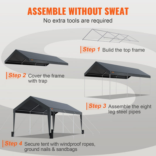 010180243447 - 10x20ft Heavy-Duty Carport with Steel Frame and Stability Features