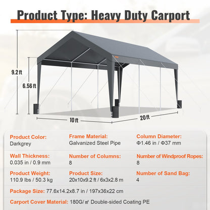 010180243447 - 10x20ft Heavy-Duty Carport with Steel Frame and Stability Features