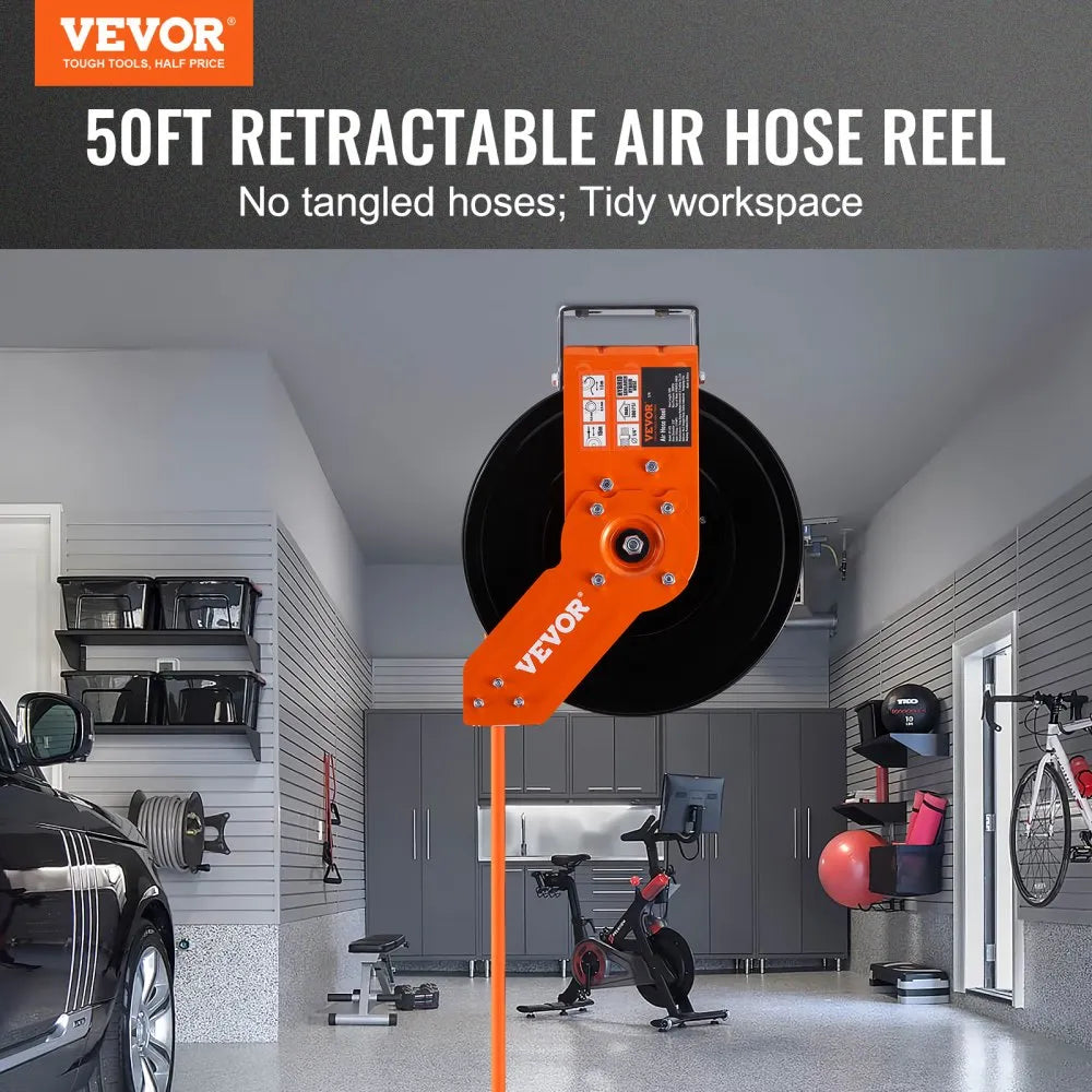 NT-A15 - 50FT Retractable Air Hose Reel, Kink-Resistant Rubber, Max 300PSI