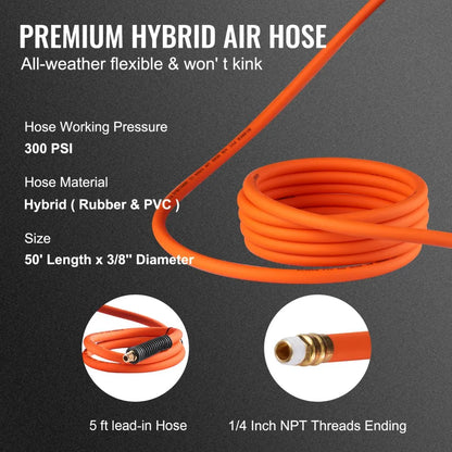 NT-A15 - 50FT Retractable Air Hose Reel, Kink-Resistant Rubber, Max 300PSI