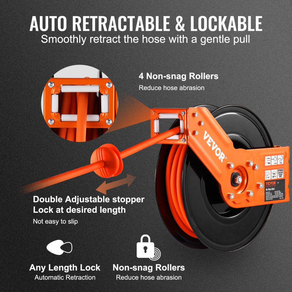 NT-A15 - 50FT Retractable Air Hose Reel, Kink-Resistant Rubber, Max 300PSI
