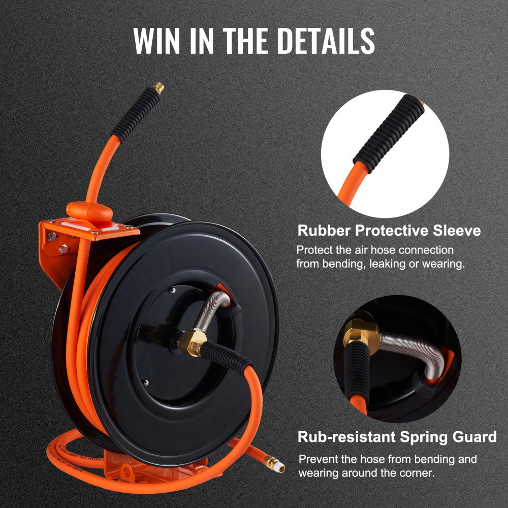 NT-A15 - 50FT Retractable Air Hose Reel, Kink-Resistant Rubber, Max 300PSI