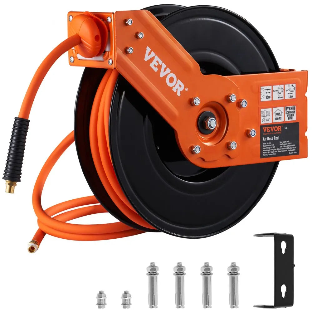 NT-A15 - 50FT Retractable Air Hose Reel, Kink-Resistant Rubber, Max 300PSI