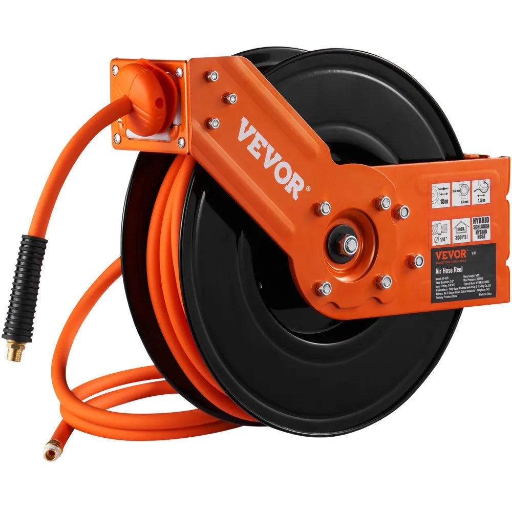 NT-A15 - 50FT Retractable Air Hose Reel, Kink-Resistant Rubber, Max 300PSI