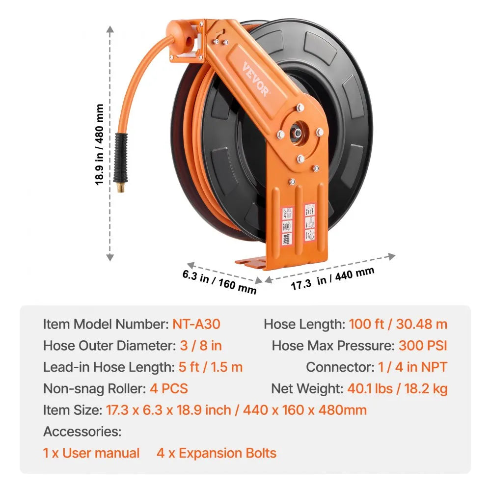 NT-A30 - 100ft Retractable Air Hose Reel with Auto-Rewind System