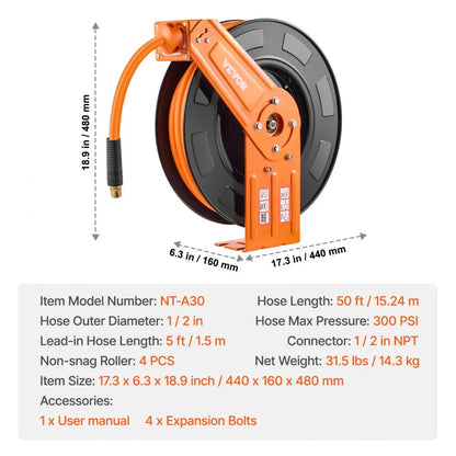 NT-A30 - 50ft Retractable Air Hose Reel with Auto-Rewind System