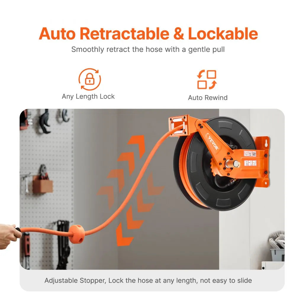 NTS-A15B - 65ft Retractable Air Hose Reel with Auto-Rewind and Dual Arms