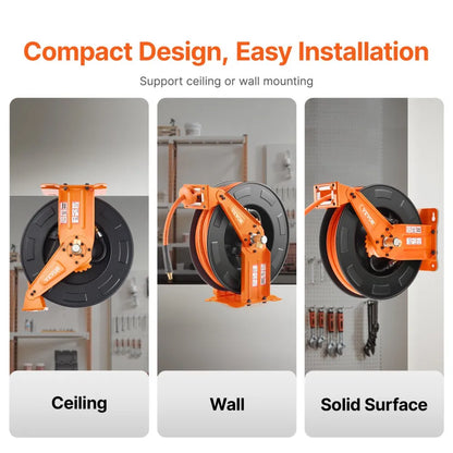 NTS-A15B - 65ft Retractable Air Hose Reel with Auto-Rewind and Dual Arms