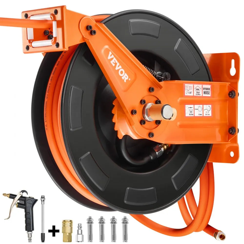 NTS-A15B - 65ft Retractable Air Hose Reel with Auto-Rewind and Dual Arms
