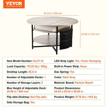 KLCT-14 - Adjustable Lift Top Coffee Table with Hidden Storage Compartments