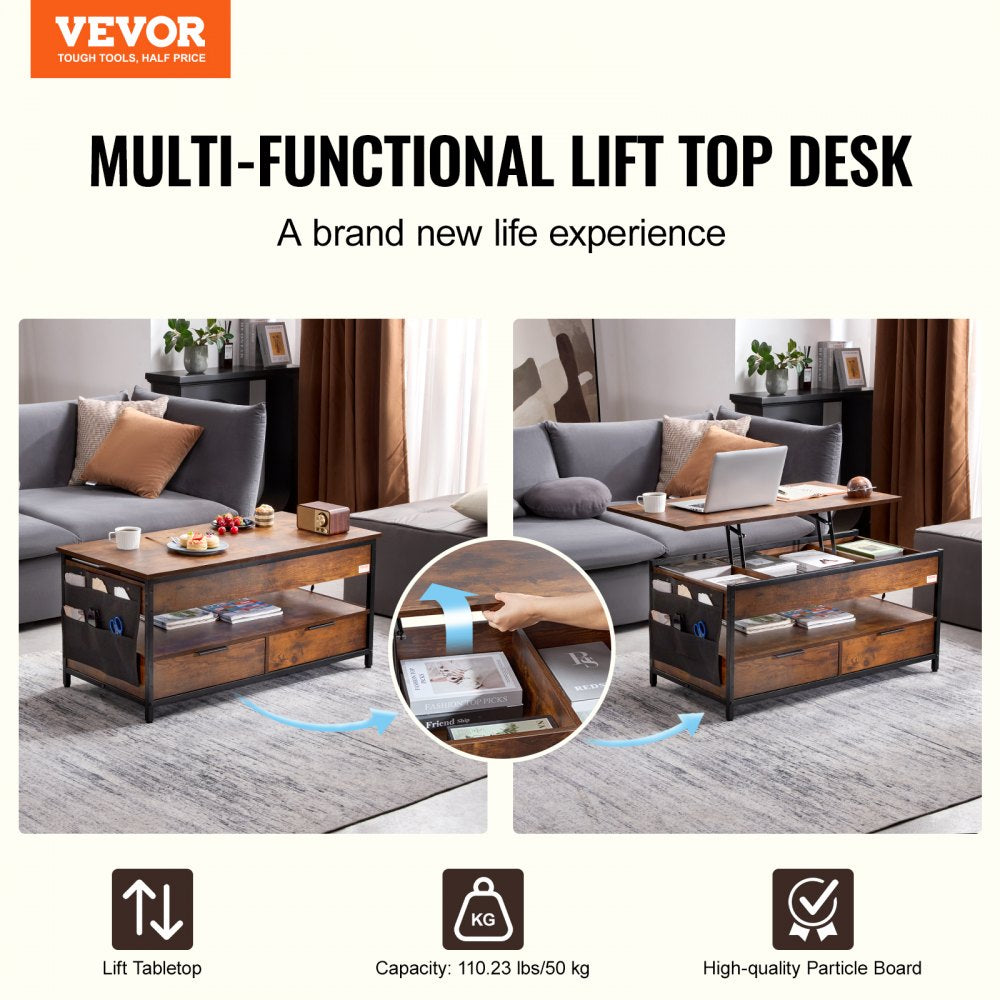 KLCT-02 - Adjustable Lift-Up Coffee Table with Storage, Brown 39.4 in