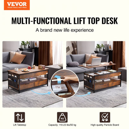 KLCT-02 - Adjustable Lift-Up Coffee Table with Storage, Brown 39.4 in