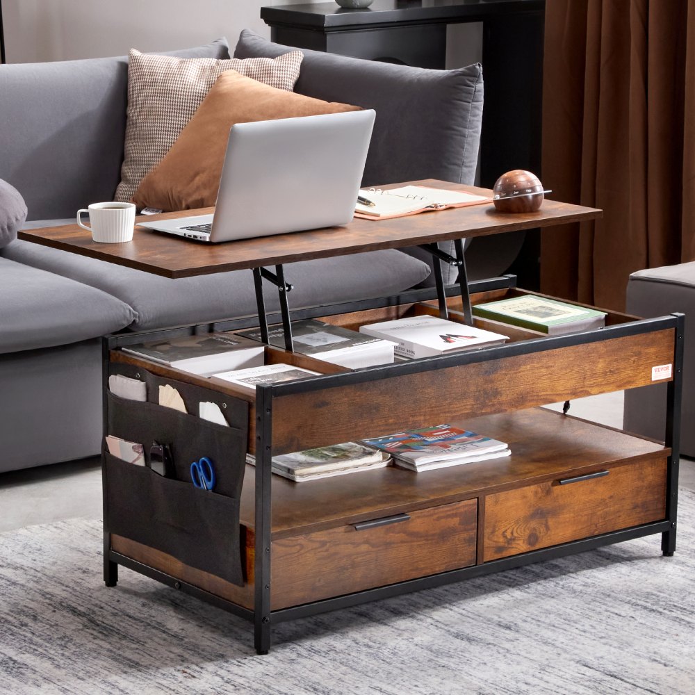KLCT-02 - Adjustable Lift-Up Coffee Table with Storage, Brown 39.4 in