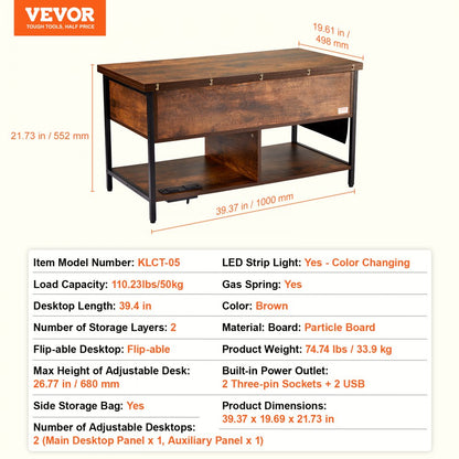 KLCT-05 - Versatile Lift-Top Coffee Table with Storage & Ambient Lighting