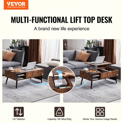 KLCT-01 - Height-Adjustable Brown Coffee Table with Storage & Durable Design