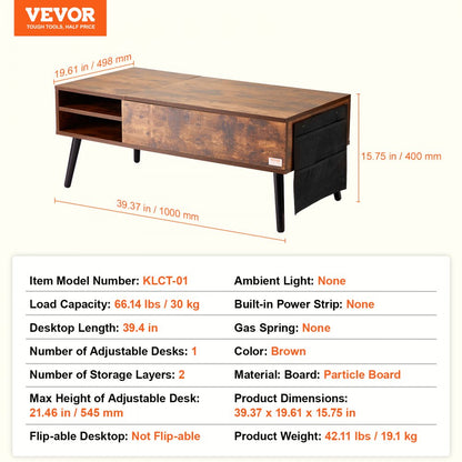 KLCT-01 - Height-Adjustable Brown Coffee Table with Storage & Durable Design