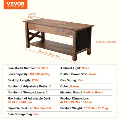 KLCT-12 - Adjustable 47.5" VEVOR Coffee Table with Hidden Storage