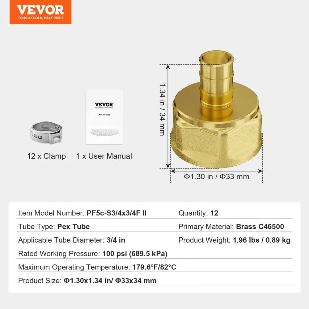 PF5c-S3/4x3/4F Ⅱ - Durable Brass 3/4" Pipe Fittings, 12PCS Set