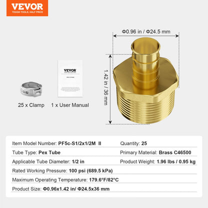 PF5c-S1/2x1/2M Ⅱ - 25PCS Brass Pipe Fittings for Plumbing Projects