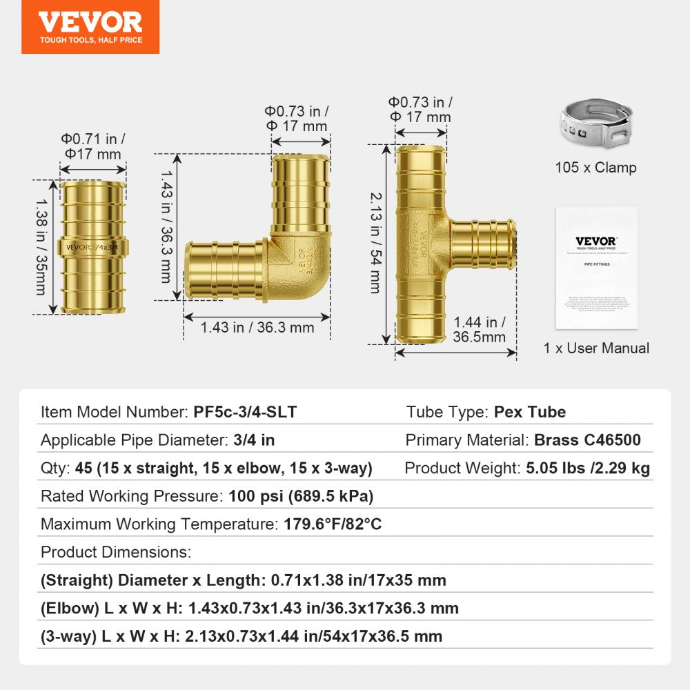 PF5c-3/4-SLT - 45PCS Lead-Free Brass Pipe Fittings for Plumbing Projects