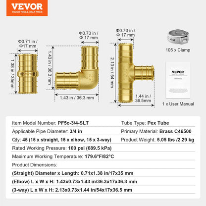 PF5c-3/4-SLT - 45PCS Lead-Free Brass Pipe Fittings for Plumbing Projects
