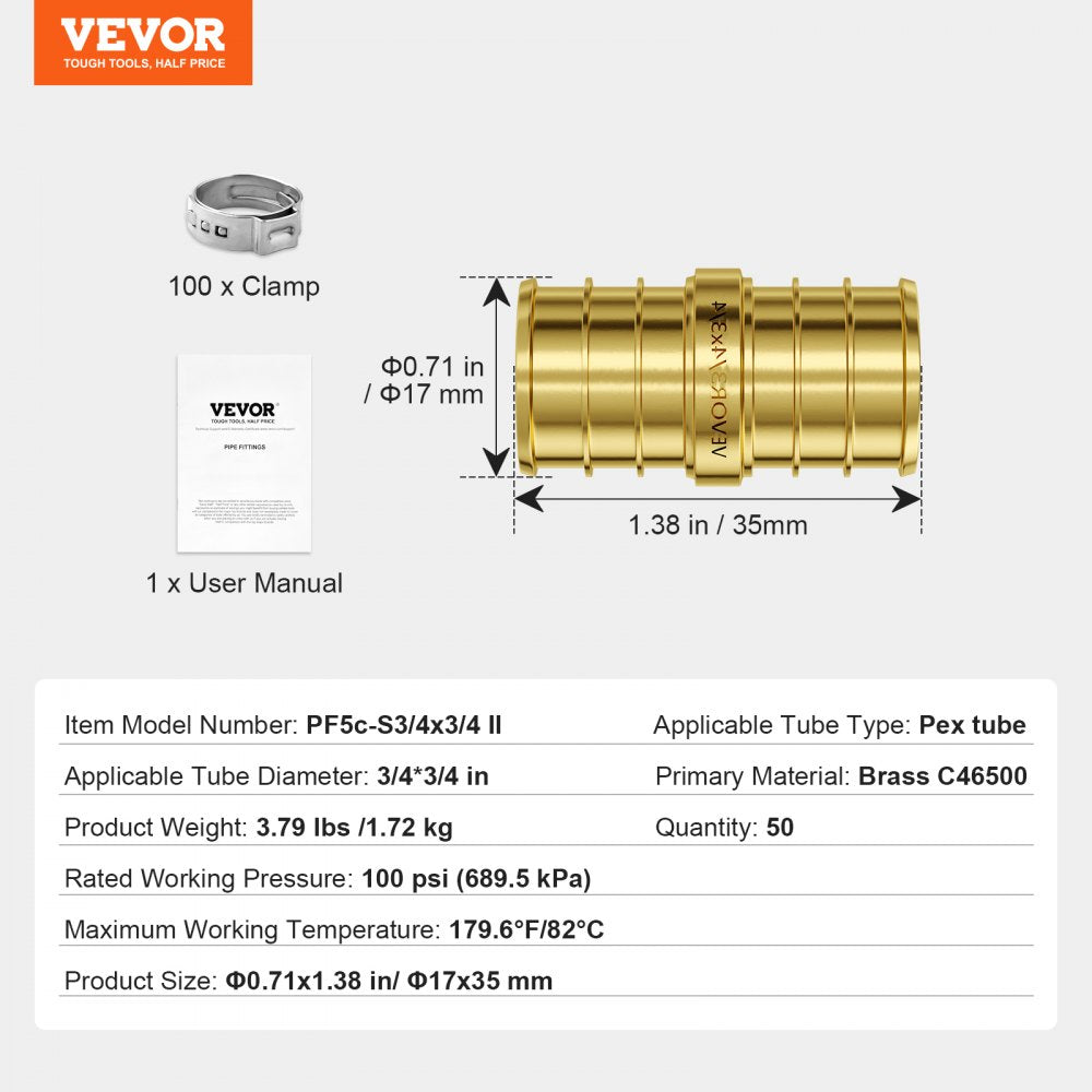 PF5c-S3/4x3/4 Ⅱ - 3/4" Brass Pipe Fittings, 50 Durable Connectors