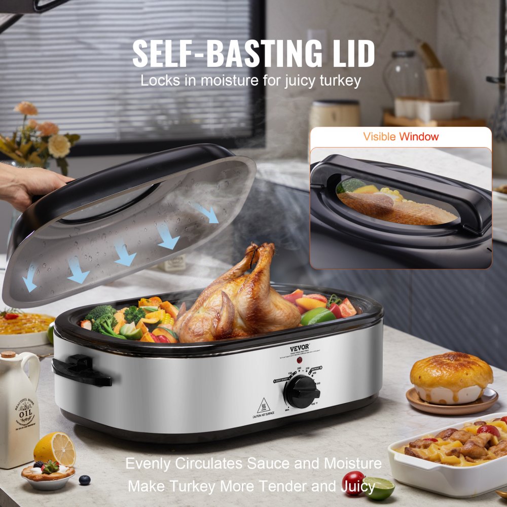 RO188 - 22QT Stainless Steel Turkey Roaster Oven with Self-Basting Lid