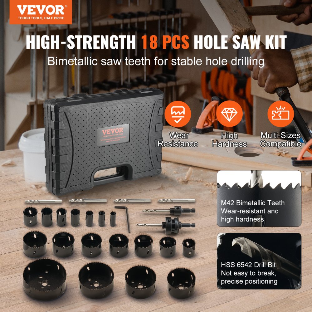 RD03-4002 - 18-Piece Hole Saw Kit for Wood, Plastic & Iron