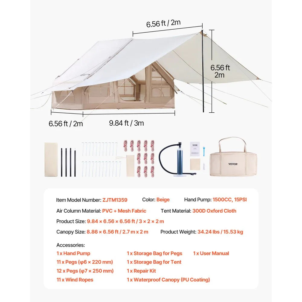 ZJTM1359 - 65 sq.ft. Inflatable Camping Tent for 3-5 People with Canopy
