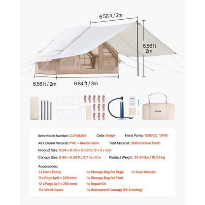 ZJTM1359 - 65 sq.ft. Inflatable Camping Tent for 3-5 People with Canopy
