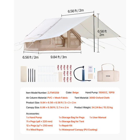 ZJTM1359 - 65 sq.ft. Inflatable Camping Tent for 3-5 People with Canopy