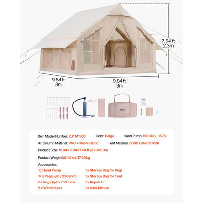 ZJTM1360 - Spacious 97 sq.ft Inflatable Tent for 4-6 People with Pump